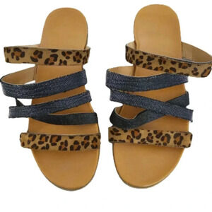 JUUCWOUT Leopard Sequined Round Toe Flat Sandals